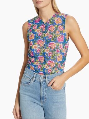 Veronica Beard Tazmin Ruched Sarong Floral Mesh Top Size 8